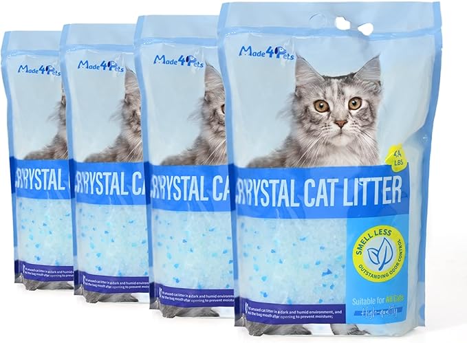 Made4Pets Cat Litter Crystals, Non Clumping Cat Litter Odor Control Kitty Litter Non Clumping No scooping Low Dust, Low Tracking, Lightweight, Dehydrates Waste,– 17.2 lbs (4 x 4.3 lb Packs)-Mewly Pet