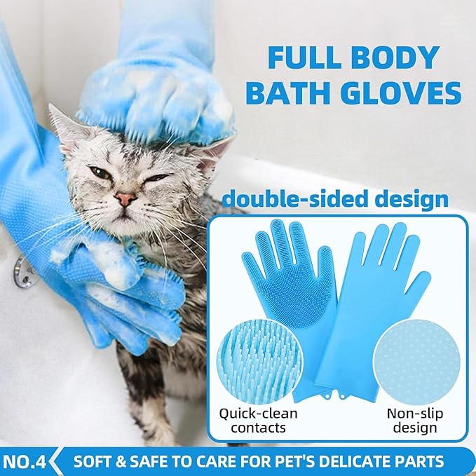 Bath Grooming Kit with Hair Brush, Towel & Scrubber Gloves - 6-in-1 Slicker Brush for Shedding Dogs & Cats, Blue-Mewly Pet
