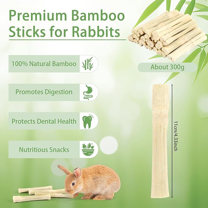 PEASUG 300g Sweet Bamboo Chew Sticks for Rabbits, Natural Bunny Chinchilla Chew Sticks Toys, Small Animal Teeth Grinding Toys and Molar Treats for Chinchilla, Guinea Pigs, Squirrel, Hamster-Mewly Pet