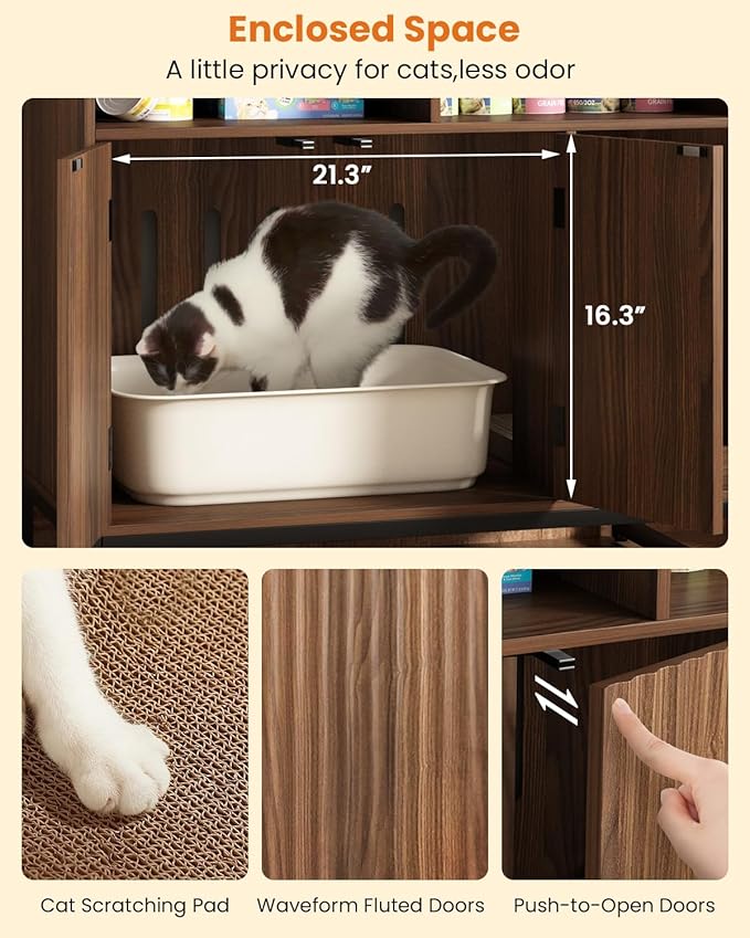 Cat Litter Box Enclosure, Large Hidden Pet Storage Cabinet Furniture with Waveform Fluted Doors & Scratching Pad, Modern Wooden Cat House Indoor for Washroom, Living Room, Bedroom, Rustic Brown-Mewly Pet