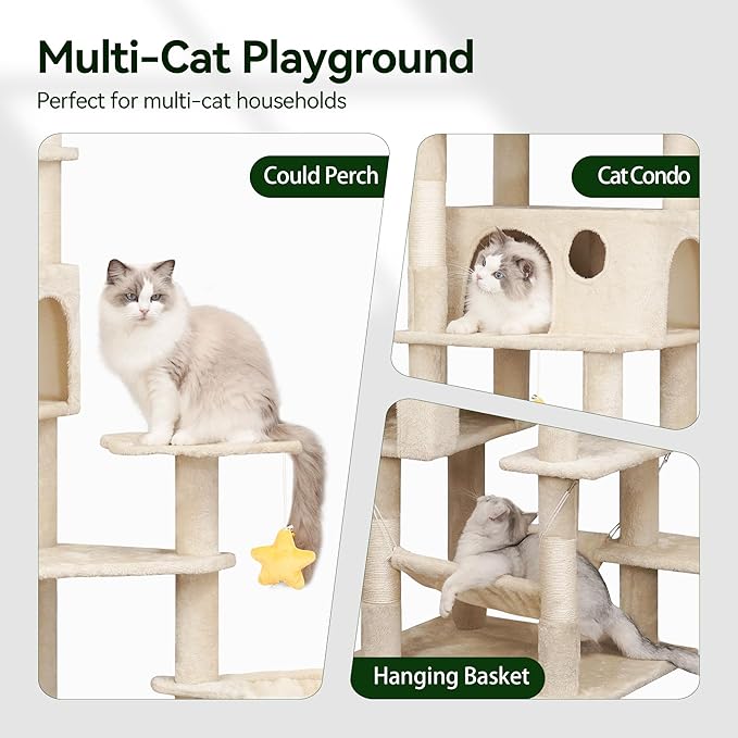 85inch Heavy Duty Cat Tree for Indoor Cats Large Adult, Tall Giant Cat Tower with Scratching Post, Large Perches, Cozy Cat Condos & Hanging Hammocks, Beige-Mewly Pet