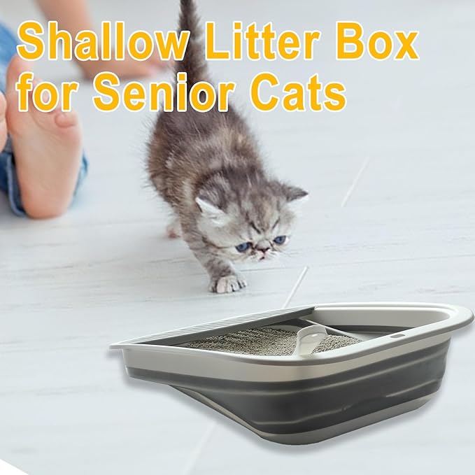 Low Entry Kitten Litter Box, Collapsible Shallow Litter Box Senior Cats Anti-Splashing Kitty Training Open Potty Pan Scoop Leak-Proof Pedal Cat Toilet No Smell Easy Clean-Mewly Pet