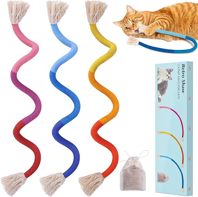 Retro Shaw Cat Toys Chew Ropes, Catnip Rope Toys for Indoor Cats Kitten, Safe Cat String Kitten Chew Teething Toy Kitty Nip Kicker - Pack of 3, 23.6 Inches-Mewly Pet