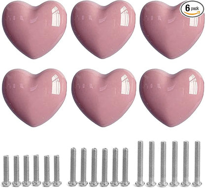 Ceramic Drawer Knobs Heart Shape Cabinet Dresser Pulls Handles with 3 Sized Screws, Kitchen Furniture Knobs for Closet Cupboard Wardrobe (6, Pink)
