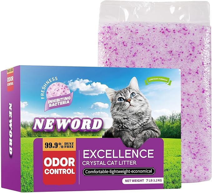 NEWORD Crystals Cat Litter Lightly Scented Litter Superior Odor Control 7 lbs Total Soft-On-Paws Low Tracking Dust-Free Purple Silica Gel, Lavender-Mewly Pet