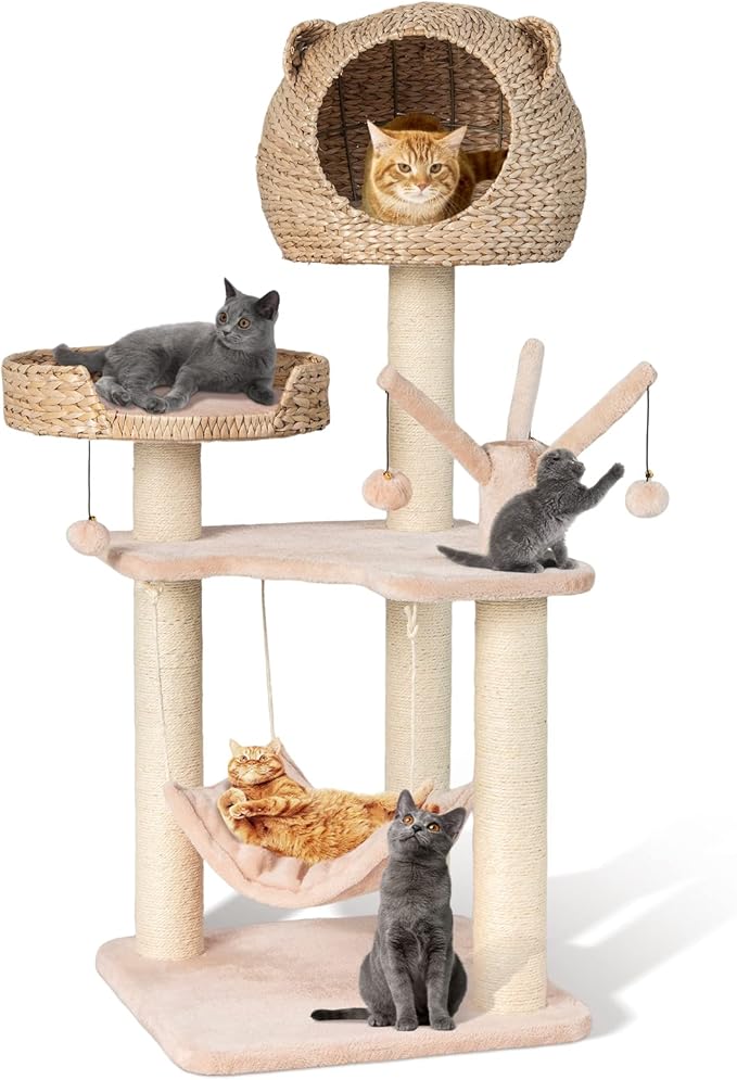 PETSITE Woven Cat Tree, Modern Cat Tower with Hammock & Scratching Posts, Cattail Condo & Top Perch, Cat Activity Tree for Indoor Cats-Mewly Pet