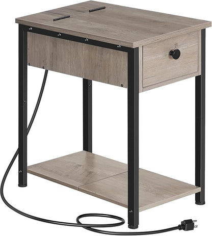 HOOBRO End Table with Charging Station, Narrow Side Table, Small Nightstand, Bedside Tables with Drawer and Storage Shelves, for Small Spaces, Living Room, Bedroom, Greige and Black BG041BZ01G1