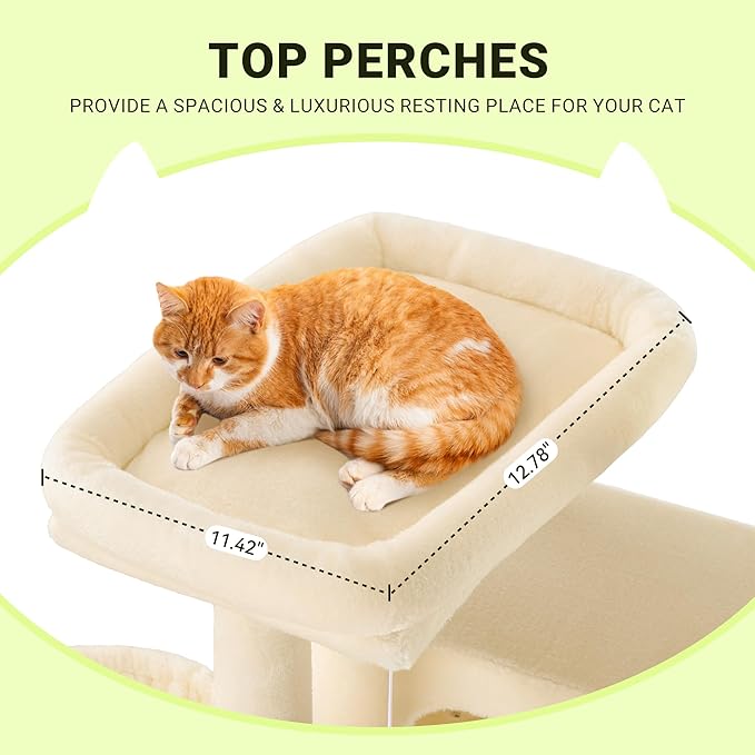 Allewie 64 Inches Cat Tree Tower/Multi-Level Activity Center for Indoor Big Felines/2 Plush Condos/2 Perchs/Basket/House/Sisal Scratching Posts/Hanging Cat Toys/Beige-Mewly Pet