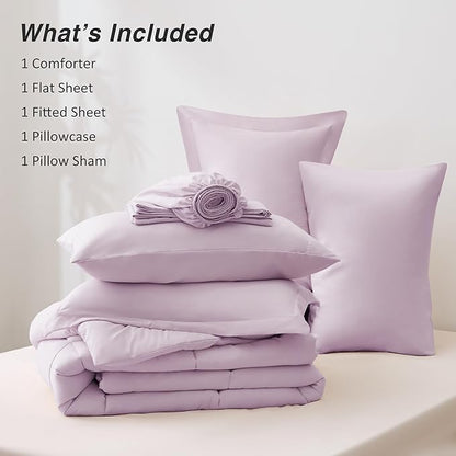 Love's cabin Twin Comforter Set Light Purple, 5 Pieces Twin Bed in a Bag, All Season Bedding Sets with 1 Comforter, 1 Flat Sheet, 1 Fitted Sheet, 1 Pillowcase and 1 Pillow Sham