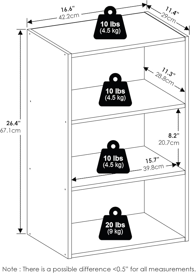 Furinno Basic Book Shelf, 3-Tier Bookshelf, Cube Storage Organizer Bookcase with Open Shelf, 11 x 17 x 26, for Living Room, Bedroom, Home Office, Espresso