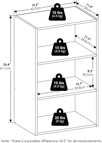 Furinno Basic Book Shelf, 3-Tier Bookshelf, Cube Storage Organizer Bookcase with Open Shelf, 11 x 17 x 26, for Living Room, Bedroom, Home Office, Amber Pine