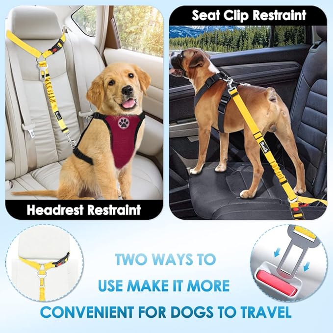 SlowTon Dog Seat Belt for Car, 2 Pack Dog Car Harness Seatbelt Adjustable with Elastic Bungee Buffer, 2 in 1 Pet Car Leash Headrest Restraint Dog Reflective Safety Tether (Yellow, Headrest+Clip)-Mewly Pet