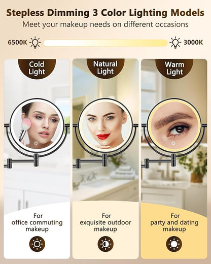 ALHAKIN 9" Wall Mounted Lighted Makeup Mirror, Large Rechargeable 1X/10X Magnifying Mirror with 3 Color Lights Dimmable, 360° Rotation, Nickel