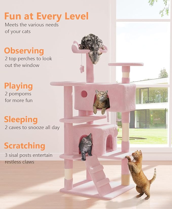 54" Cat tree Tower for Indoor Cats Large Adult,Cute/Tall Modern Cat Tree for Big Cats 20 lbs,Plush Multi-Level Cat Condo with Scratching Posts, Dangling Ball for fun play (Soft Pink, 54 inch)-Mewly Pet