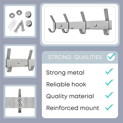 Coat Rack Wall Mount – Brushed Nickel 12 Inch Stainless Steel Hook Rail with 4 Heavy Duty Double Coat Hooks – Wall Mounted Coat Hanger for Entryway, Bathroom, Bedroom, Towel, Hat Organizer