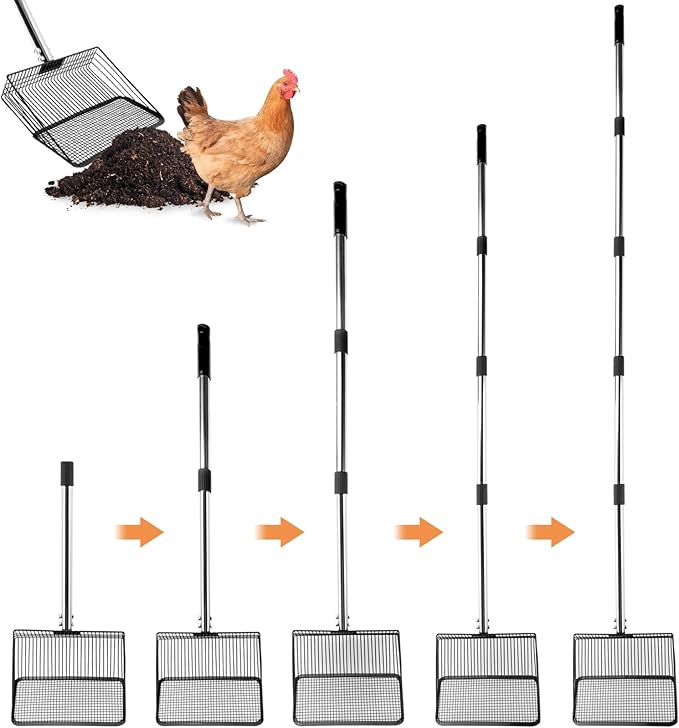 10inch Chicken Poop Scooper, Chicken Coop Scoop for Poop, 4 Sections Extended with 22 to 77inch Stainless Steel Adjustable Handle, Litter Scooper Sifting Shovel-Mewly Pet
