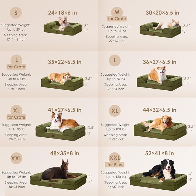 EHEYCIGA Orthopedic XL Dog Beds, Waterproof Memory Foam Dog Bed for Extra Large Dogs, Non-Slip Bottom and Egg-Crate Foam Big Pet Couch Bed with Washable Removable Cover, Olive Green-Mewly Pet