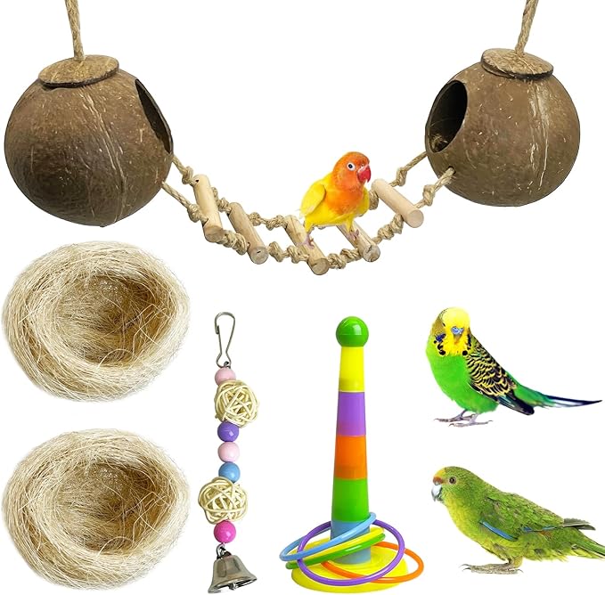 kathson 5Pcs Bird Coconut House with Ladder Parakeet Coconut Nest for Cages Parrot Hut Hanging Natural Coconut Fiber Conure Chewing Toys for Cockatiel Budgie Lovebird Cockatoos-Mewly Pet