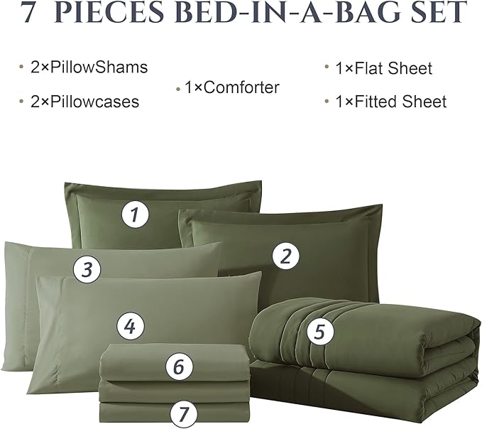 Monbix California King Size Comforter Set - 7 Pieces Bed in a Bag California King, Olive Green Bedding Sets, All Seasons Down Alternative Comforter Bed Set with Sheets, Pillowcases & Shams