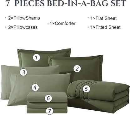 Monbix California King Size Comforter Set - 7 Pieces Bed in a Bag California King, Olive Green Bedding Sets, All Seasons Down Alternative Comforter Bed Set with Sheets, Pillowcases & Shams