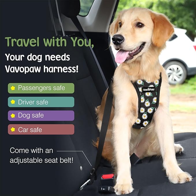 Dog Seat Belt, Safety Vest Dog Car Harness with Adjustable Buckle Dog Seat Belt for Vehicle Nylon Pet Safety Seat Belts Heavy Duty(L, Black Daisy)-Mewly Pet