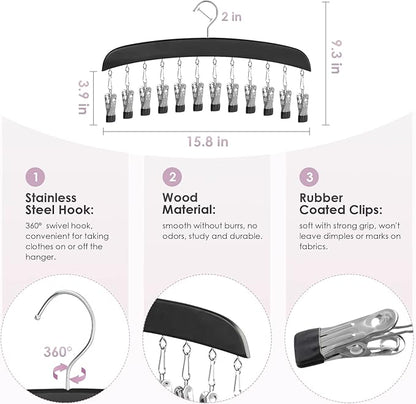 Leggings Hangers, Wooden Closet Hanging Leggings Storage Organizer Scarf Hangers with 24 Clips, 360° Swivel Hook, Black, 2 Pcs
