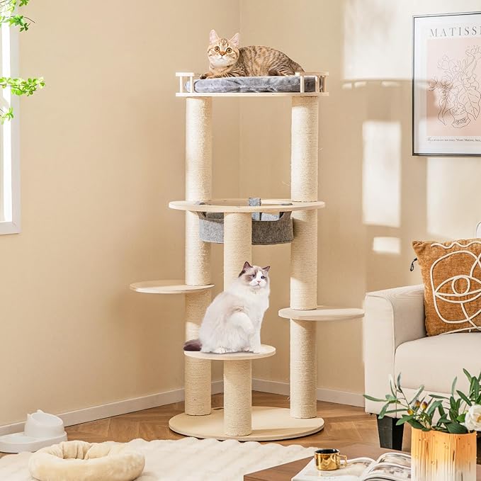Tangkula Wood Cat Tree, 59 Inch Multi-Level Cat Tower with Top Padded Perch, Hammock, 3 Platforms & Sisal Scratching Posts, Large Modern Cat Tree Tower for Indoor Cats Kittens (59 Inch)-Mewly Pet