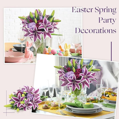 Hotop 20 Pcs Artificial Flowers Velvet Realistic Roses and Latex Lilies Flowers Bouquet Decorations Arrangements for Home Table Centerpieces Independence Day(Violet, Light Purple,Purple)