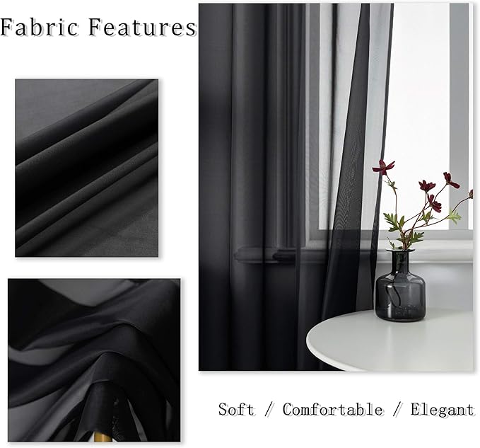 DUALIFE Black Sheer Curtains 84 Inches Length for Living Room Set of 2 Panels Grommet Window Drapes Semi Voile Modern Black Transparent Curtains for Bedroom 52x84 Inch Long