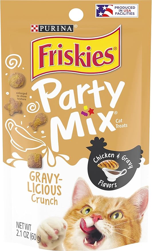 Purina Friskies Party Mix Cat Treats, Gravy-Licious Crunch with Chicken & Gravy Flavors, Crunchy Treats for Cats, 2.1 Ounce Resealable Pouch (Pack of 3)-Mewly Pet