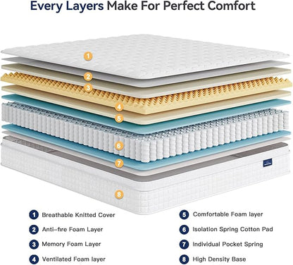 Vesgantti 12 Inch Multilayer Hybrid California King Mattress - Multiple Sizes & Styles Available, Ergonomic Design with Memory Foam and Pocket Spring, Medium Firm Feel, White