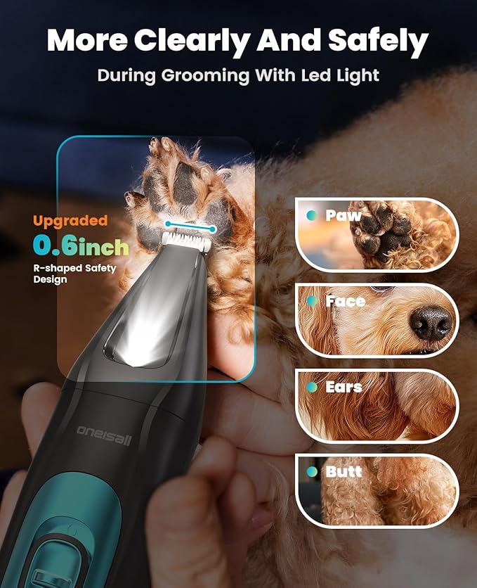 oneisall Quiet Dog Clippers for Grooming LED Light, Cordless Dog Grooming Kit 4 in 1, 2000mAh Pet Clippers Paw Trimmer Nail Grinder for Paw, Nail, Face, Ears, Legs, Body-Mewly Pet