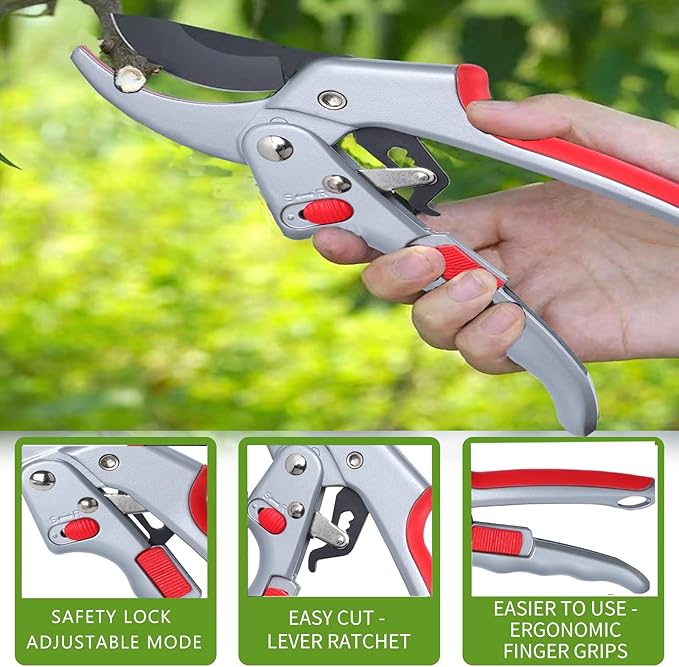 Garden clippers, premium Germany pruners, Work 3 times easier, professional ratchet pruning shears, cutting rose, flower, hedge, stem, tree, Sharp gardening scissors, Arthritis weak hand snips-Mewly Pet
