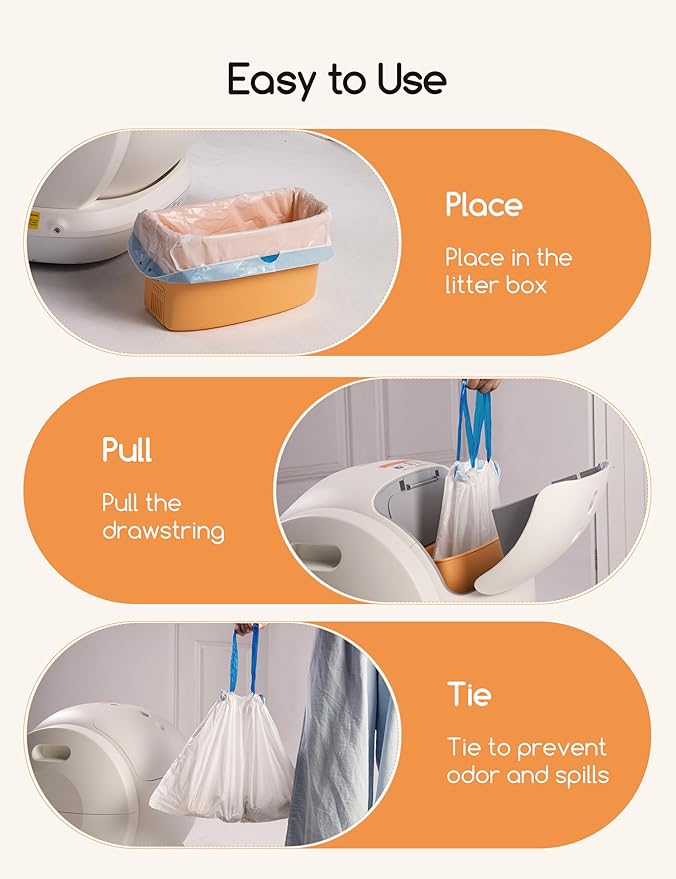 MeoWant Cat Litter Box Liner -120PCS Heavy Duty Drawstring Trash Bags for MeoWant MW-SC01/MW-SC02 Automatic Self-Cleaning Boxes, Extra Thick Leakproof, 6 Rolls (20 Bags/Roll)-Mewly Pet