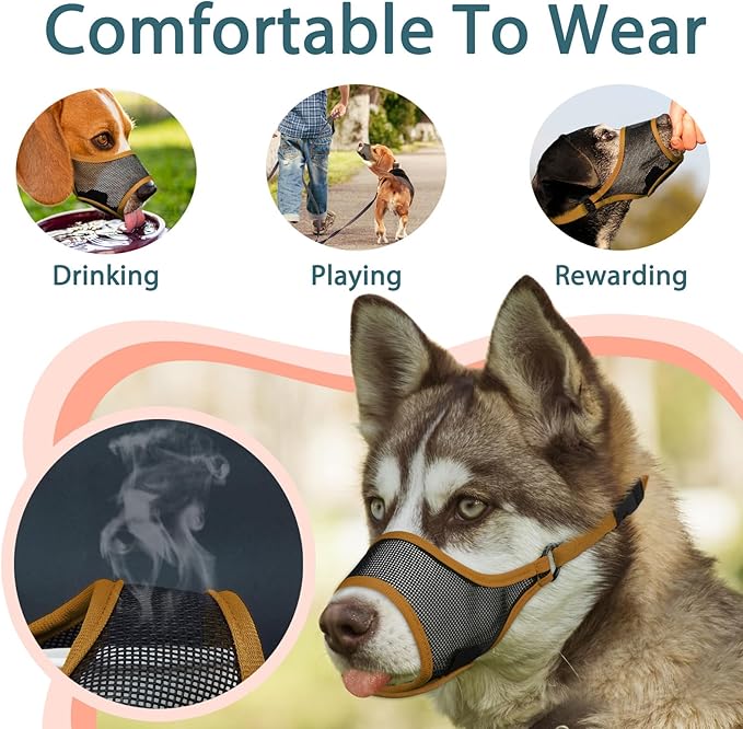 LUCKYPAW Dog Muzzle, Mesh Muzzle for Large Medium Small Dogs, Soft Mouth Guard for Biting Chewing, Breathable Mouth Guard with Adjustable Strap for Training(Brown, S(Snout:7.75"-8.75"))-Mewly Pet