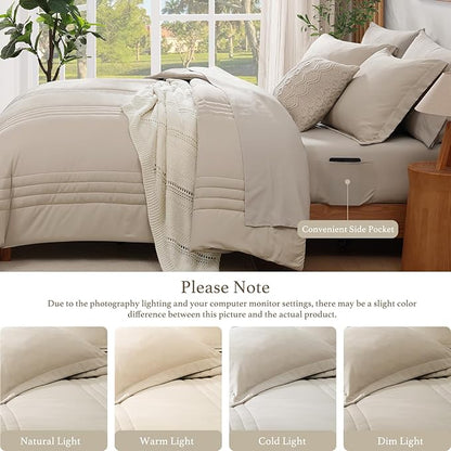Monbix King Size Comforter Set - 7 Pieces Bed in a Bag King, Apricot Beige Bedding Sets with Comforter, All Seasons Comforter Bed Set with Sheets, Pillowcases & Shams