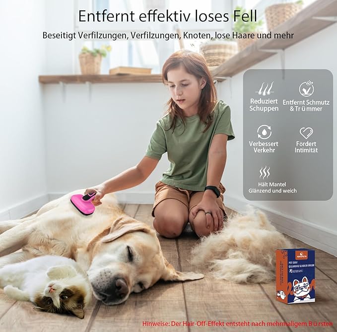 Dog Brush for Shedding & Grooming, Self Cleaning Slicker with Retractable Pins for Short & Long Haired Dogs & Cats. Removes Loose Fur, Undercoat, Mats & Tangles. Fits Large, Small Pet. Pink-Mewly Pet