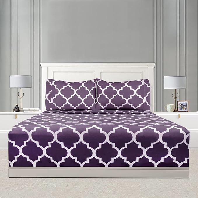 Mejoroom Full Bed Sheet Set - Super Soft Brushed Microfiber 1800 Thread Count Full Sheets with 16 inch Deep Pocket - Wrinkle Free - 4 Piece(Purple Quatrefoil with White Pattern)