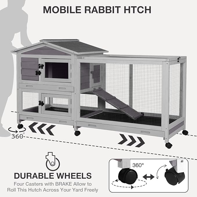2-Story Indoor Rabbit Hutch with Chew-Proof Outdoor Rabbit Cage with 6 Locking Casters Bunny Cage 2 Pull-Out Trays Guinea Pigs Cage 62"-Mewly Pet