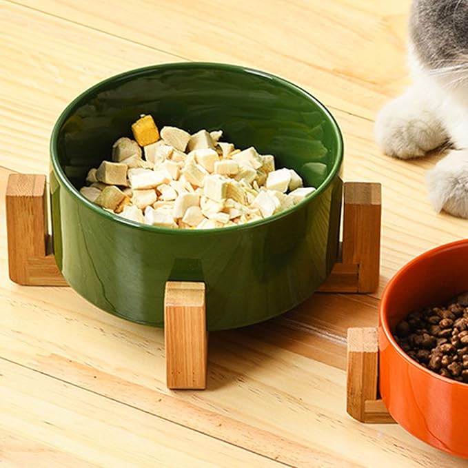 Petygooing Ceramic Cat Dog Bowl Set with Stand,Small Dog Bowls, Pet Food and Water Dish, Anti Slip Set of 2 Cat Bowls- Cute Modern Pet Food Bowl Small Size Dog (13.5OZ/5.1 in) Rust Green-Mewly Pet