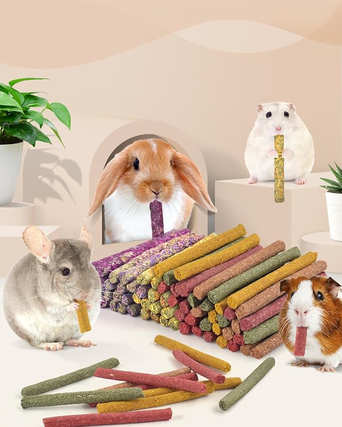 Bissap 72 PCS Rabbit Chew Sticks, Natural Timothy Hay Pumpkin Sugar Beet Carrot Strawberry Rose Dahlberg Daisy Forget-me-not Flower Treat for Bunny Chinchilla Guinea Pig Hamster Small Pet Molar Snack-Mewly Pet