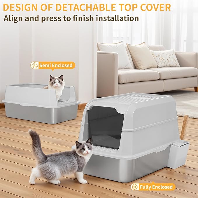 Stainless Steel Litter Box with Lid, XL Extra Large Cat Litter Box, Enclosed Metal Litter Pan with High Sided Enclosure & Scoop, Anti Leakage, Easy to Clean, Odor Control (White)-Mewly Pet