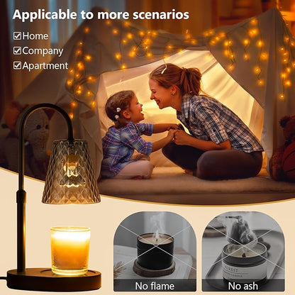 Candle Warmer Lamp with Timer: Electric Candles Warmers Adjustable Height Dimmable - Large Wax Candle Warmers Lamps Scented Flower Light - Home Decor Vintage Wood Base Shade Heat Modern Style Grey