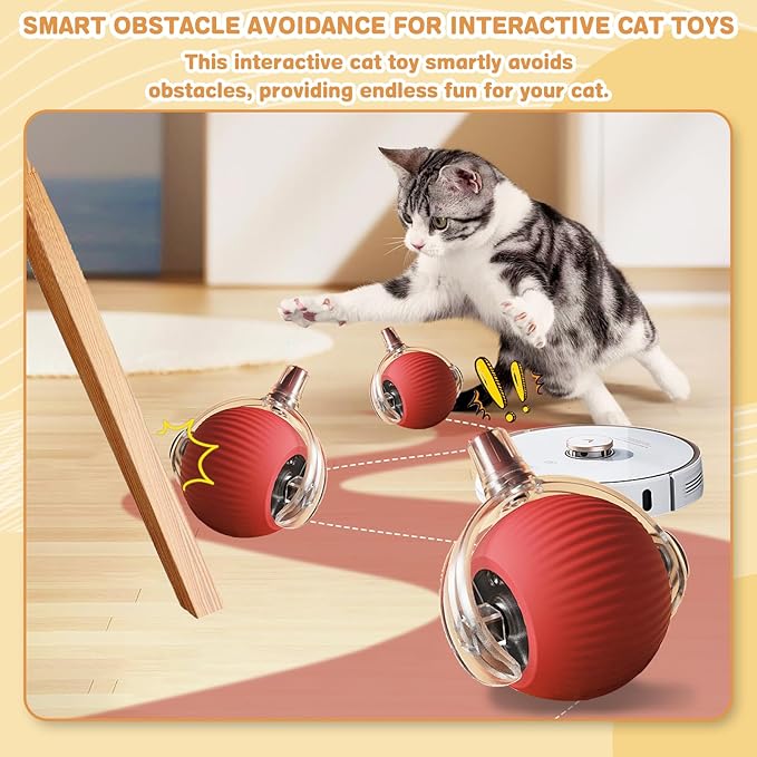 Interactive Cat Toys for Indoor Cats, Rechargeable 360° Automatic Moving Cat Toy for Bored Indoor Adult Cats, 2025 Upgraded Chase Motion Activated Kitten Toys - Red-Mewly Pet