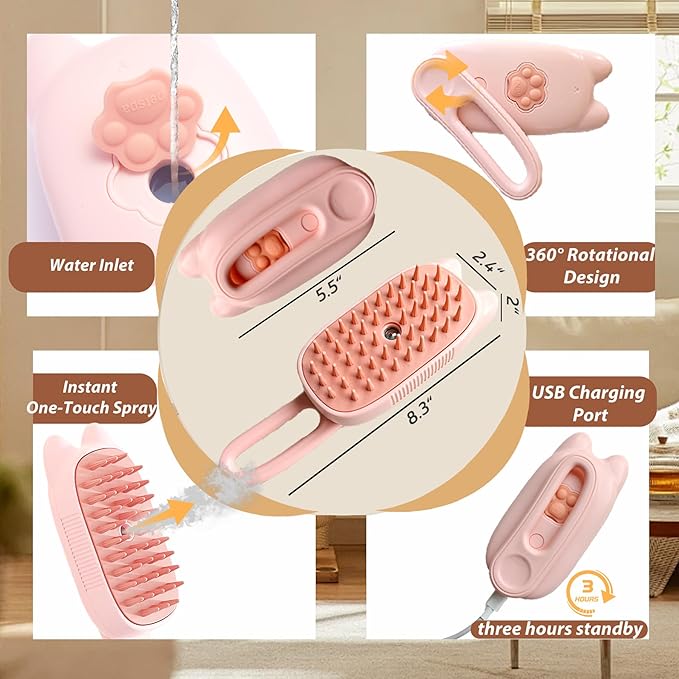 4 in 1 Cat Steam Brush Rechargeable Anti-Static Pet Spray Hair Removal Comb for Shedding and Grooming Multi-functional Pet Massage Brushes for Cats Dogs Small Animals-Mewly Pet