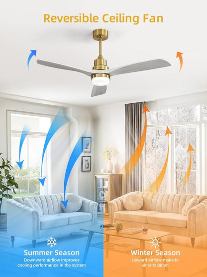 Sofucor Low Profile Ceiling Fan with Lights Remote Control 52 Inch Flush Mount Ceiling Fan Modern Wood Blade Fan for Bedroom Living Room Indoor Outdoor Farmhouse Patio, Grey Gold