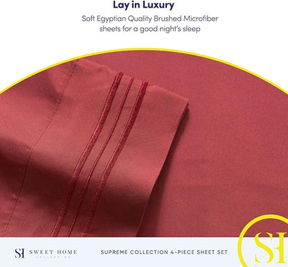 RV Queen Bed Sheets - Breathable Luxury Sheets with Full Elastic & Secure Corner Straps Built In - 1800 Supreme Collection Extra Soft Deep Pocket Bedding Set, Sheet Set, RV Short Queen, Burgundy