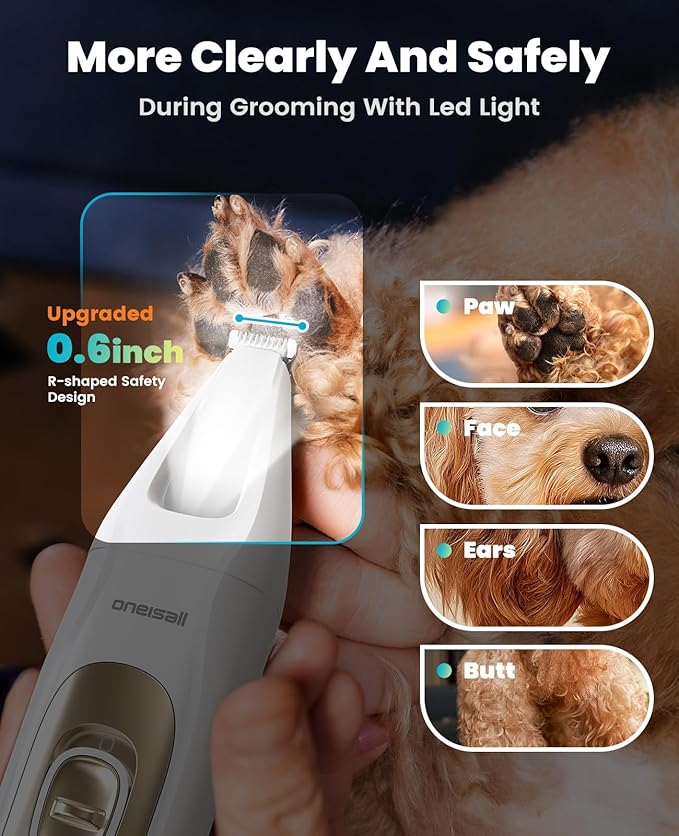 oneisall Quiet Dog Grooming Kit 4 in 1, LED Light Dog Nail Grinder, 2000mAh Pet Grooming Clippers Paw Trimmer for Paw, Nail, Face, Ears, Legs, Body with Storage Bag-Mewly Pet