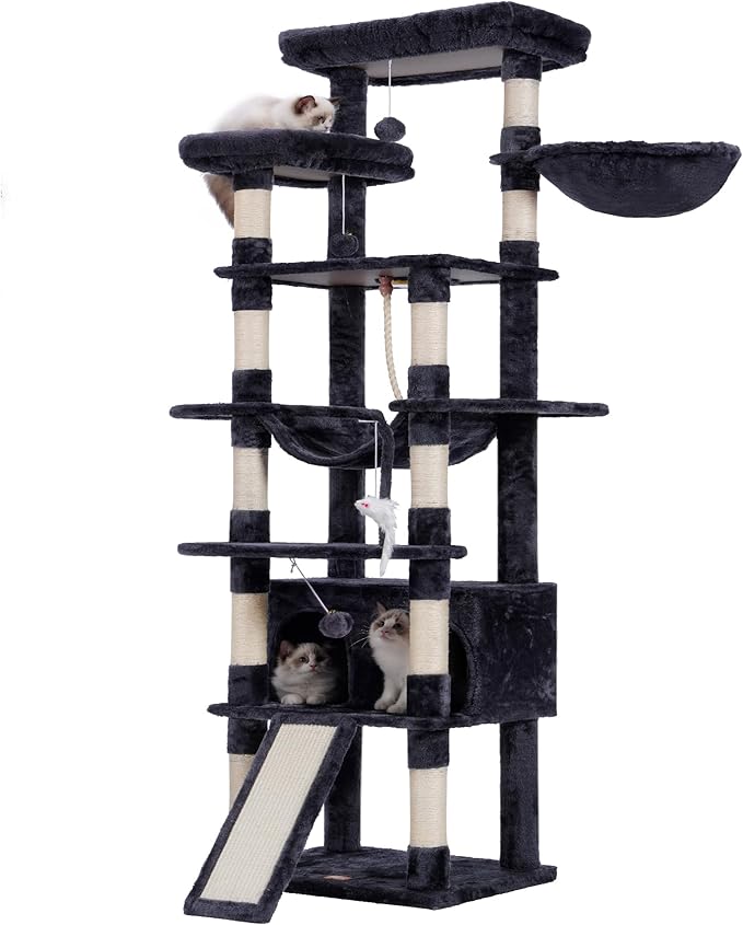 Heybly Tall Cat Tree, 78-inch Multi-Level Cat Tower for Indoor Cats, 2 Widened Plush Perches Cat Condo with Scratching Board and Big Caves, Smoky Gray HCT033G-Mewly Pet
