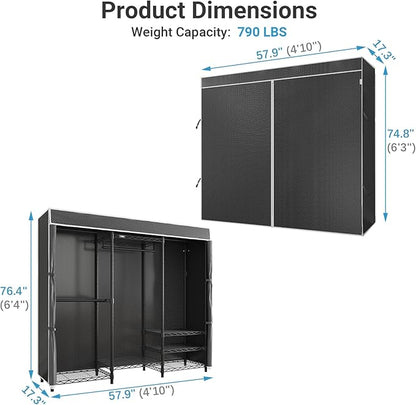 VIPEK V5C Medium Covered Clothes Rack Heavy Duty Portable Closet Wardrobe, Freestanding Black Clothing Rack with Black Upgarded Polyester Cover, Adjustable Custom Closet Rack, 57.9" Lx17.3 Wx76.4 H